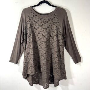 Comfy USA Lace Hi low Baseball Tee Tunic gray brown